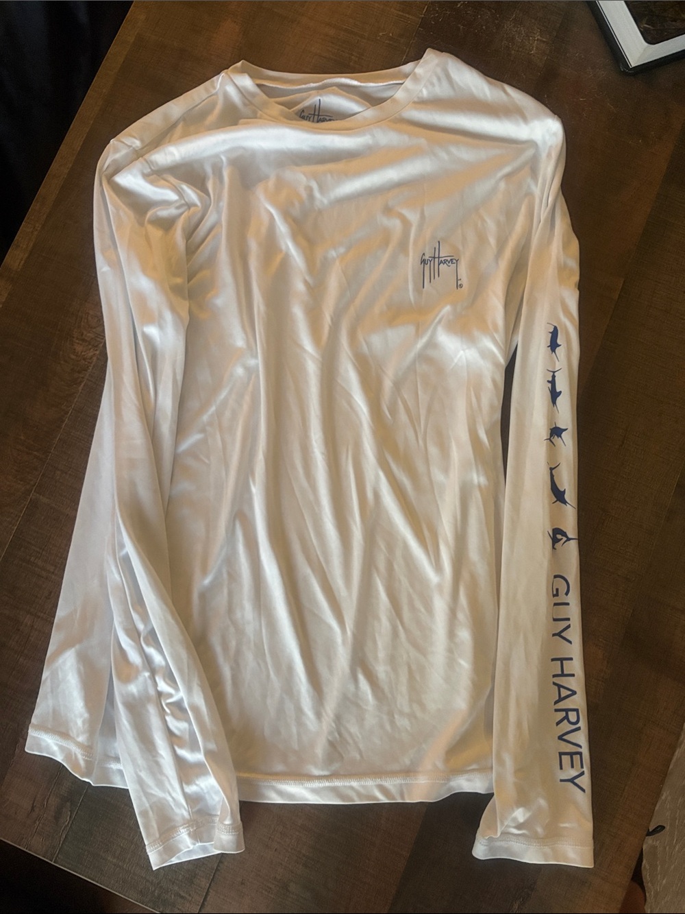Guy Harvey White Long-Sleeve Performance Tee with Navy Sleeve Graphics S/CH/P